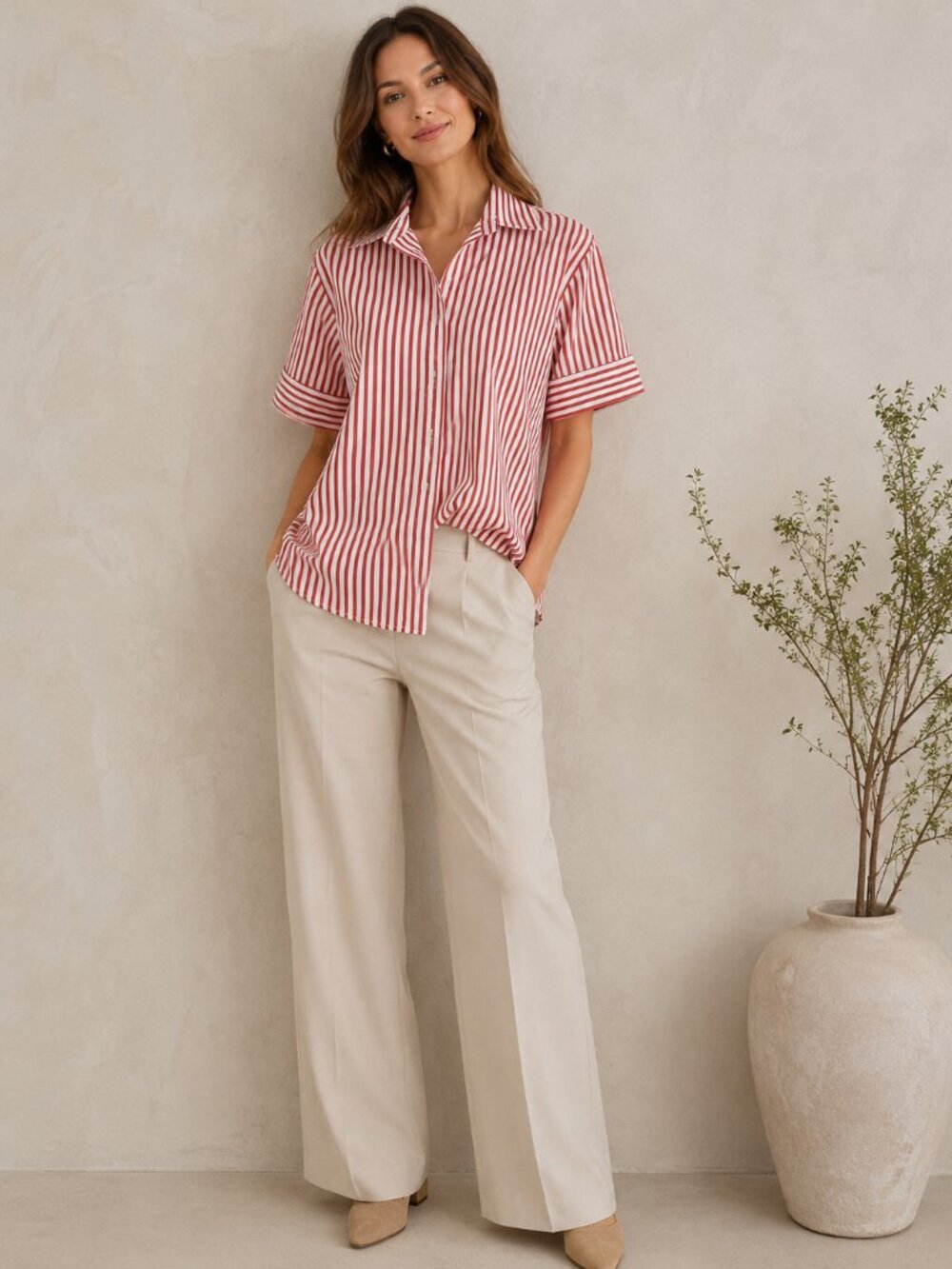 Anne Fontaine Sabrina Red & White Striped Button-Front Shirt – Size 44